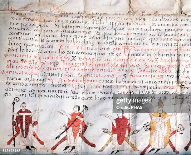 Minutes of the Council of Jaca. 11th century. Fragment of an illuminated scroll. At the bottom, bishops. Diocesan Archives. Huesca's Cathedral. Spain.