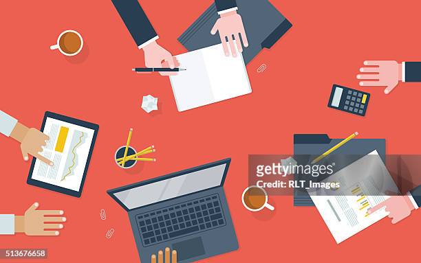 flat illustration of workers collaborating at desk - sketch pad stock illustrations