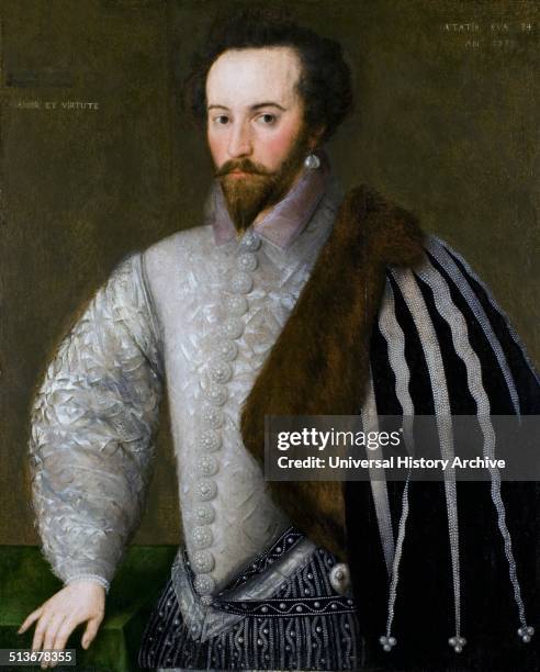 Portrait of Sir Walter Raleigh English aristocrat, writer, poet, soldier, politician, courtier, spy, and explorer. Popularised tobacco in England....
