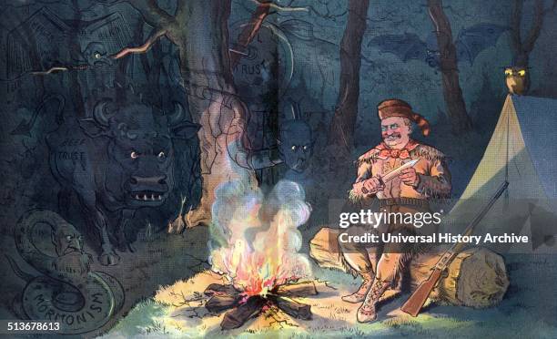 "Seeing things at night" President Theodore Roosevelt wearing buckskin and raccoon hat, sitting by a campfire at night, holding a knife, his rifle by...