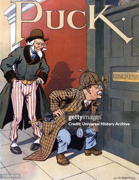 The adventure of the crooked house' Theodore Roosevelt as Sherlock Holmes peaking through a keyhole in a door labelled "Congress"; Uncle Sam, as...