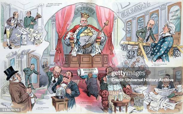 The commercial club of Washington' Nelson Aldrich as king of the "U.S. Senate" sitting on a throne with a diminutive Theodore Roosevelt kneeling...