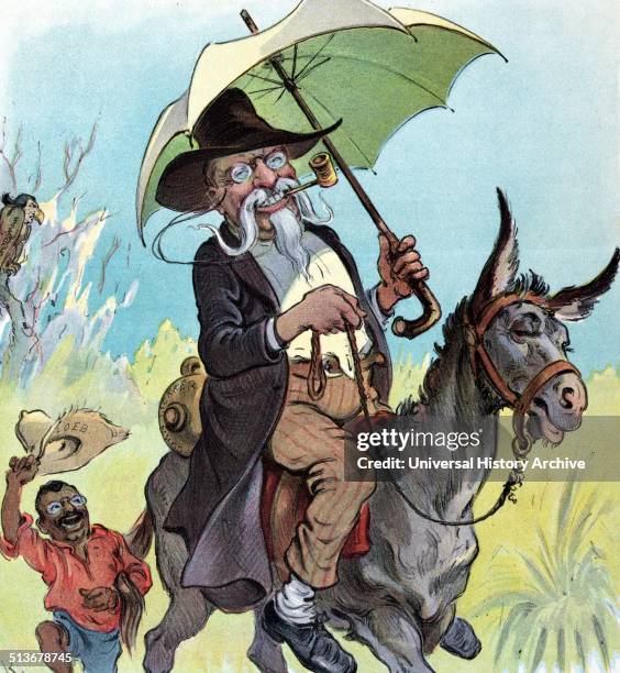 Marse Theodore' President Theodore Roosevelt as a southern plantation owner, riding on a donkey, holding an umbrella, a jug of "Corn Lickker" behind...