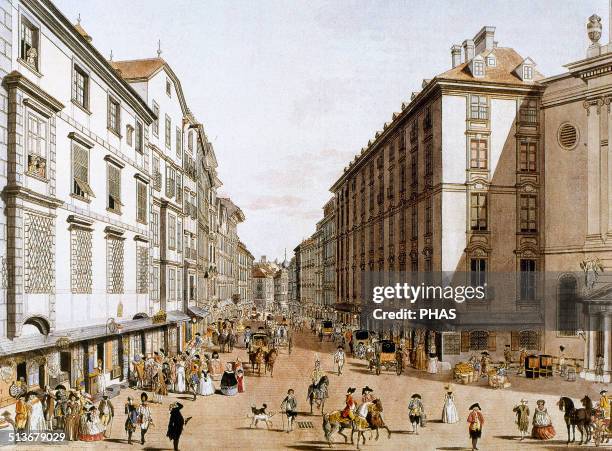 Austria. Vienna. Kohlmarkt Street. 1786. Engraving. Colored.