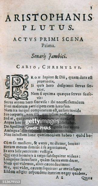 Aristophanes . Comic playwright of ancient Athens. "Plutus", fist produced in 408 BC. Edition in Leiden, 1624. Library of Catalonian. Barcelona....