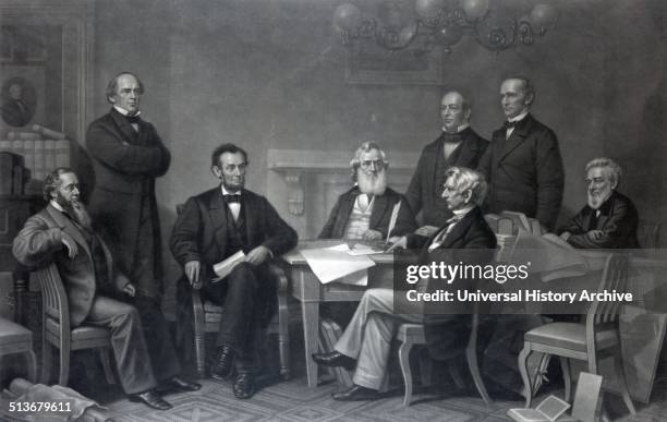 The first reading of the Emancipation Proclamation before the cabinet' Re-enactment of Abraham Lincoln signing the Emancipation Proclamation on July...