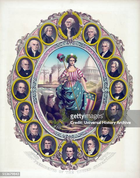 Presidents of the United States' A large print probably issued around the time of Abraham Lincoln's inauguration. Columbia stands before the U.S....