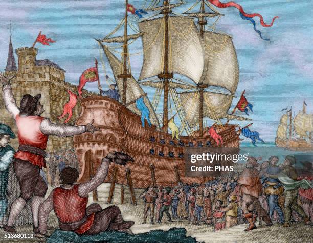 The ship Victoria sited in Seville, Spain, having been around the world. Engraving, 1807. Colored.