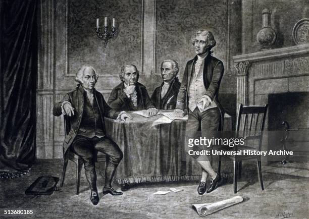 Leaders of the Continental Congress' John Adams, Gouverneur Morris, Alexander Hamilton, and Thomas Jefferson around table.