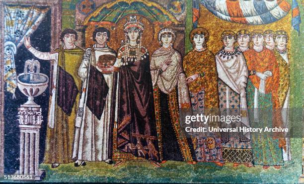 The Empress Theodora, and attendants, 6th century mosaic, from the Basilica of San Vitale, Ravenna. The mausoleum of Galla Placidia was the work of...