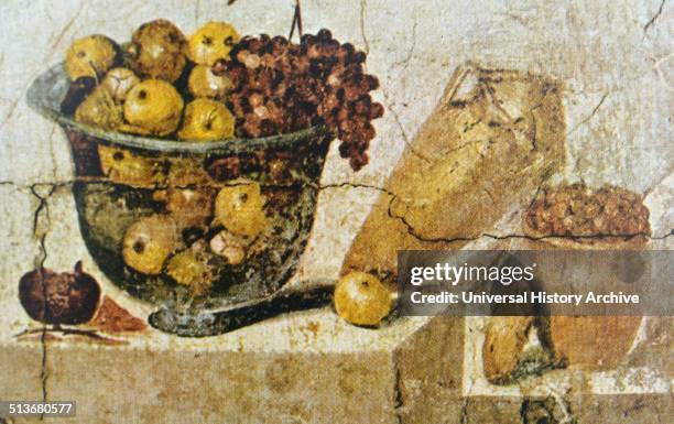 Still Life with Fruit. Wall painting from the House of Julia Felix, Pompeii, Roman. Fourth Pompeian Style, time of Vespasian.