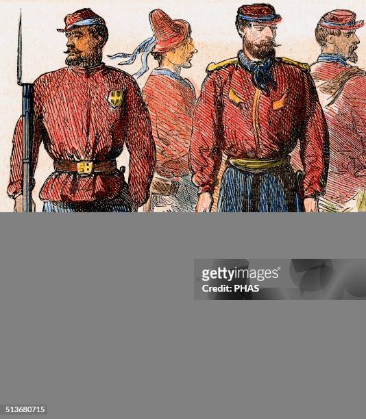 Italian Unification . Italian Volunteers known as "Redshirts". Colored engraving of "L'Illustration", 1860.