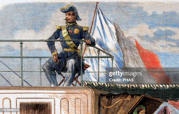 Napoleon III . French emperor on board the Aigle. Published in L'Illustration, Journal Universel, Paris, 1860. Colored engraving.