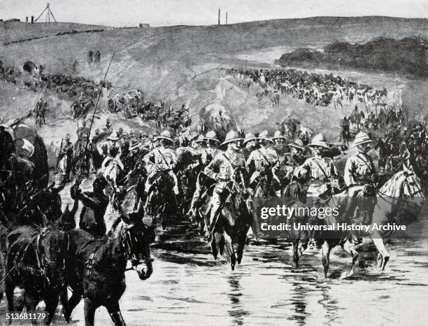 Engraving depicts Field Marshal Frederick Sleigh Roberts crossing the Vaal River into Transvaal territory, South Africa. Dated 1901