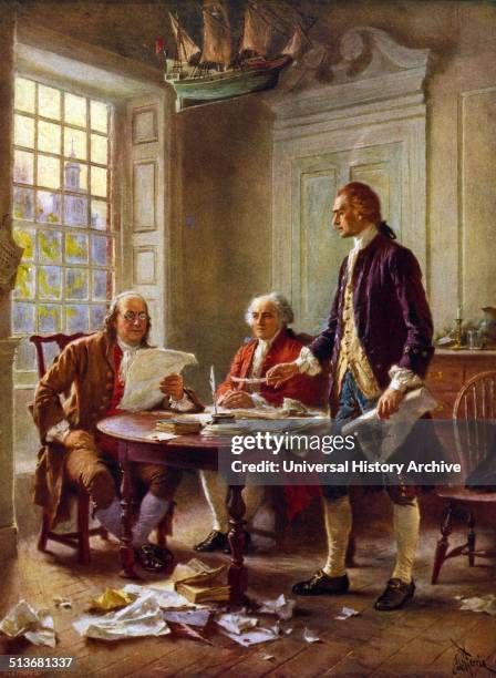 Writing the Declaration of Independence, 1776. Thomas Jefferson, Benjamin Franklin, and John Adams meet at Jefferson's lodgings, on the corner of...