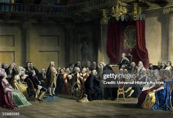 Benjamin Franklin standing before the Lords in Council in Whitehall Chapel.