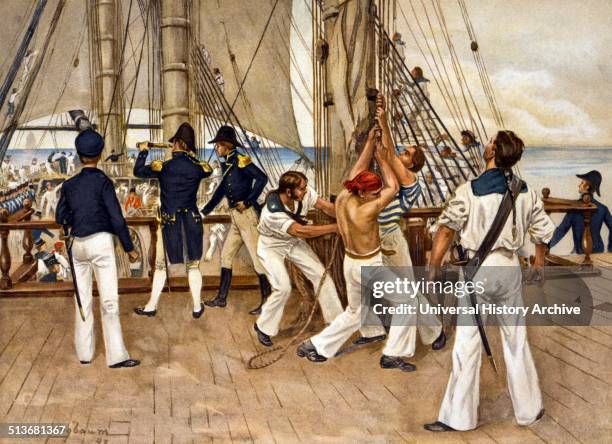 Hull's victory by Rufus Zogbaum. American sailors and officers on deck of U.S.S. Constitution during engagement with the HMS Gurrière off the coast...
