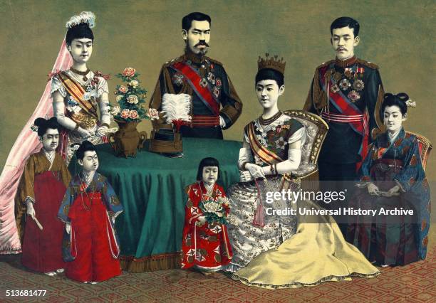 The Japanese imperial family by Torajiro Kasai 1900. Print shows a group portrait of Meiji, Emperor of Japan and the imperial family.