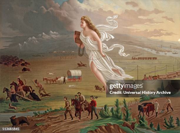 Painting, Manifest Destiny. Shows a female figure, Potentially an angel, leading the pioneers westward. They travel by foot, stagecoaches and...