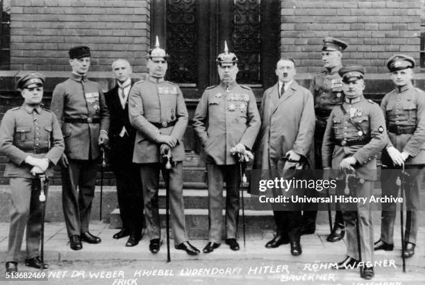 Defendants in the Beer Hall Putsch Trial. From left to right: Pernet, Weber, Frick, Kiebel, Ludendorff, Hitler, Bruckner, Röhm, and Wagner. The...