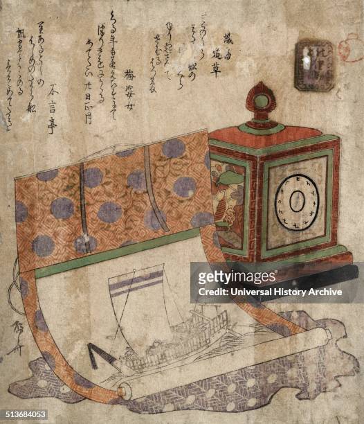 Tokei to takarabune no kakejiku. Painting of a ship of treasures and a western clock. Print shows a painting of a ship on a scroll or wall hanging...