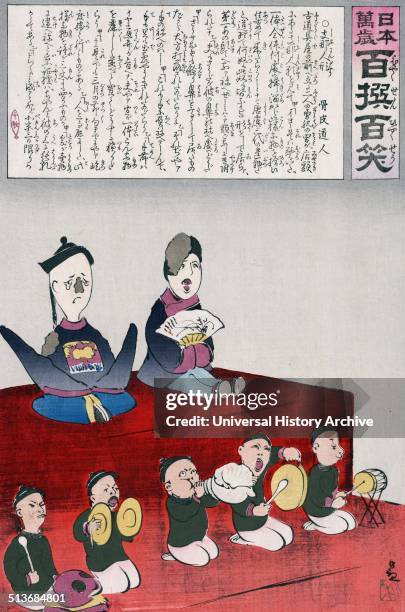 Chinese Emperor and Empress seated on raised platform with musicians seated in front of them, the Emperor appears to have lost his nose and part of...