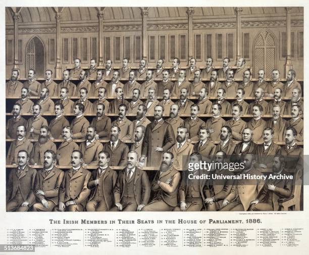 Irish members in their seats in the House of Parliament, 1886 from back to front, 1. Alexander Blane, 2. J.D. Sheehan, 3. Sir Joseph N. M'Kenna, 4....