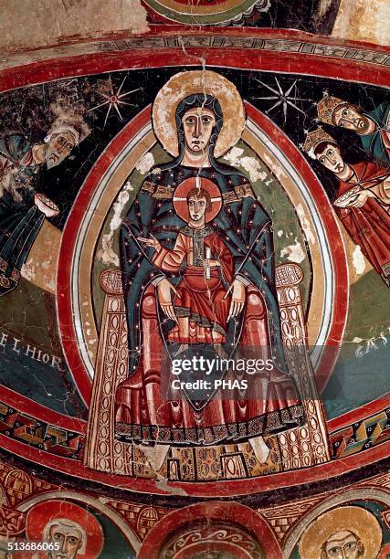 Church of Santa Maria de Taull. 12th century. Fresco. Virgin Mary with the Child on the throne. Catalan Romanesque. Boi Valley. Catalonia. Catalan...