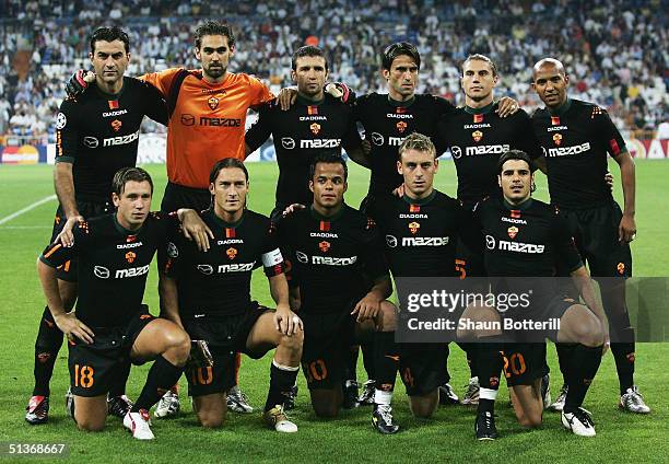 Roma line-up before the UEFA Champions League Group B match between Real Madrid and Roma at the Santiago Bernabeu Stadium on September 28, 2004 in...