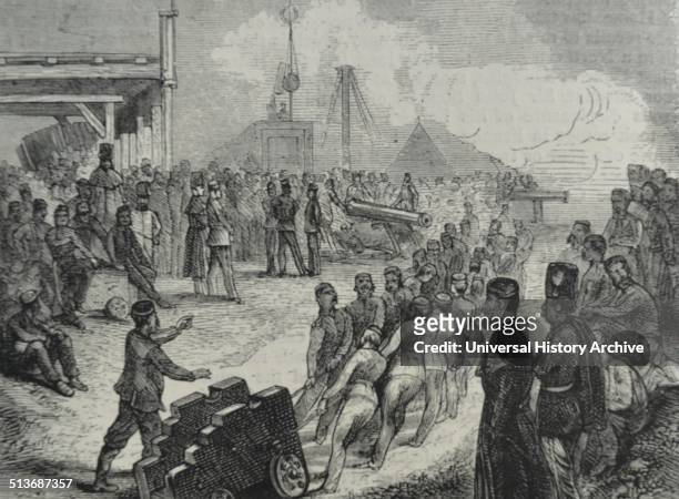 Engraving depicting a cannon holder being moved. Dated 1870
