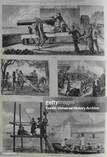 The Volunteer Artillery at Shoeburyness, Shifting a Gun, The East Battery, The Range Party. Dated 1870
