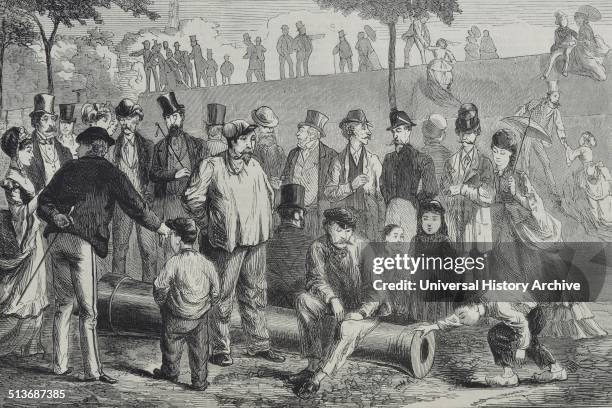 Engraving of sightseers at the Paris fortifications. Dated 1870
