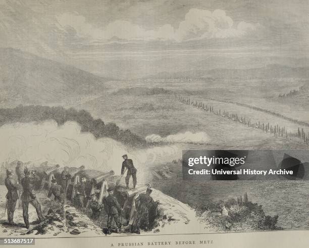 Engraving depicts a Prussian battery before Metz. Dated 1870