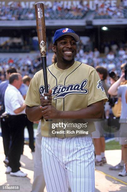 Vladimir Guerrero of the Montreal Expos poses for a photo during batting practice prior to the 2002 All-Star game at Miller Park on July 8, 2002 in...