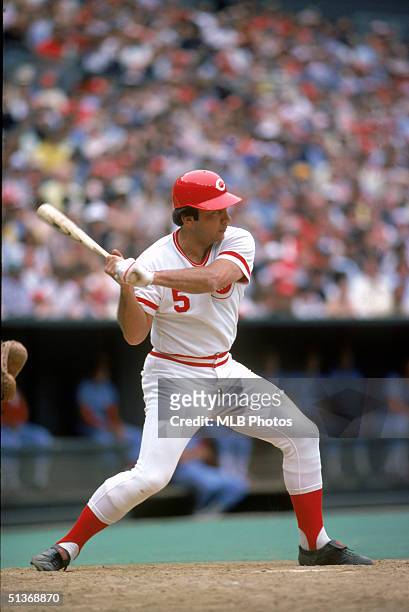 Johnny Bench of Cincinnati Red prepares to swing at a pitch during a game circa 1967-1983.