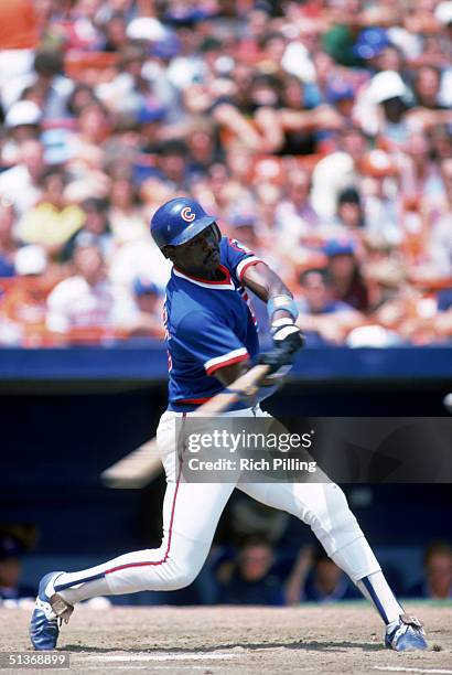 Gary Matthews of the Chicago Cubs swings the bat during a game in July of 1984.