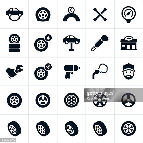 ilustraciones, imágenes clip art, dibujos animados e iconos de stock de ruedas, neumáticos y iconos de herramientas para reparar las llantas - neumático