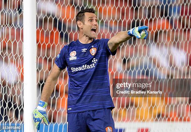 Michael Theo of the Roar calls out to his team mates during the round 22 A-League match between the Brisbane Roar and the Western Sydney Wanderers at...