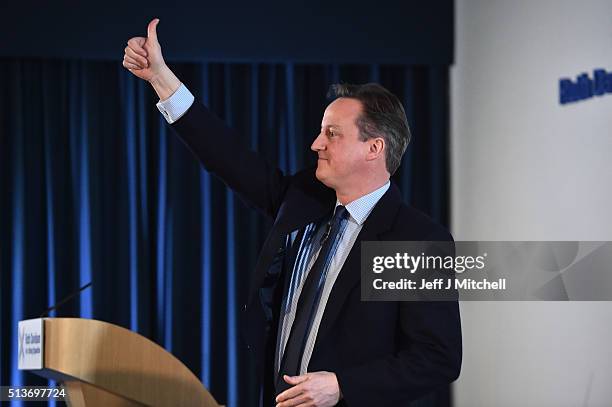 British Prime Minister David Cameron delivers his key note address to the Scottish Conservative Party conference on March 4, 2016 in Edinburgh,...