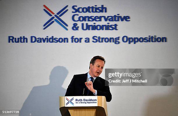 British Prime Minister David Cameron delivers his key note address to the Scottish Conservative Party conference on March 4, 2016 in Edinburgh,...