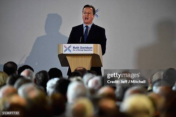 British Prime Minister David Cameron delivers his key note address to the Scottish Conservative Party conference on March 4, 2016 in Edinburgh,...