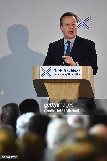British Prime Minister David Cameron delivers his key note address to the Scottish Conservative Party conference on March 4, 2016 in Edinburgh,...
