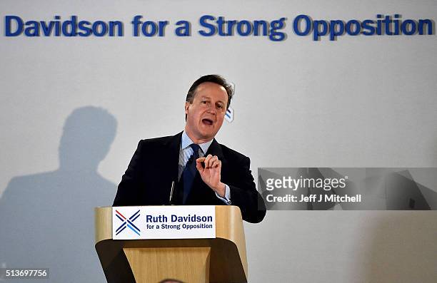 British Prime Minister David Cameron delivers his key note address to the Scottish Conservative Party conference on March 4, 2016 in Edinburgh,...