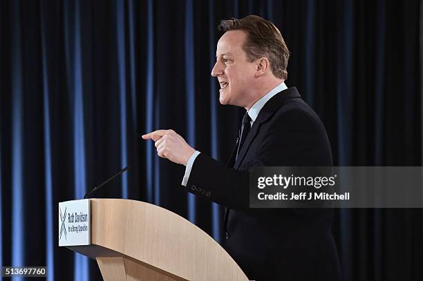 British Prime Minister David Cameron delivers his key note address to the Scottish Conservative Party conference on March 4, 2016 in Edinburgh,...