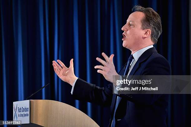 British Prime Minister David Cameron delivers his key note address to the Scottish Conservative Party conference on March 4, 2016 in Edinburgh,...