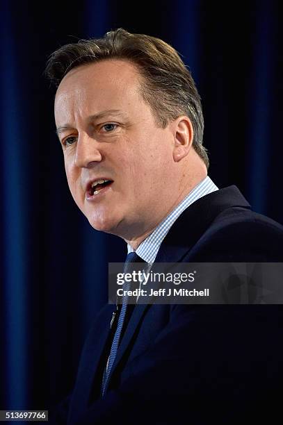 British Prime Minister David Cameron delivers his key note address to the Scottish Conservative Party conference on March 4, 2016 in Edinburgh,...