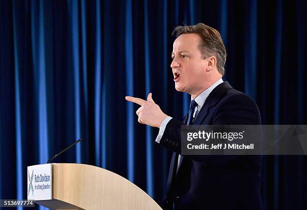 British Prime Minister David Cameron delivers his key note address to the Scottish Conservative Party conference on March 4, 2016 in Edinburgh,...