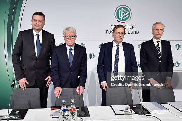 Treasurer Reinhard Grindel, DFB Vice President Reinhard Rauball, DFB Vice President Rainer Koch and Christian Duve of Freshfields Bruckhaus Deringer...