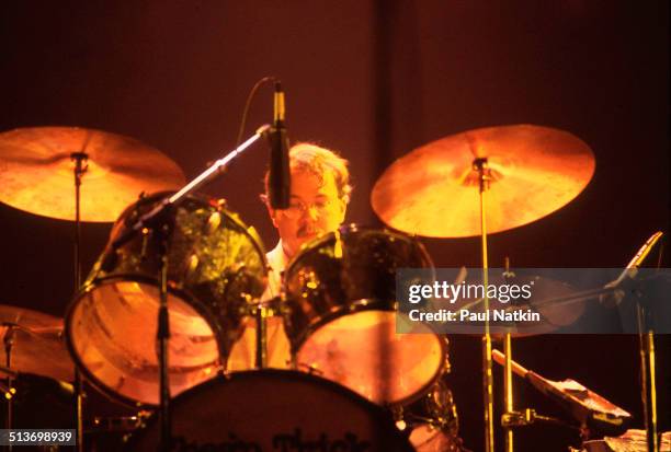 American musician Bun E Carlos plays drums with the band Cheap Trick during a performance at the Riviera Theater, Chicago, Illinois, December 31,...