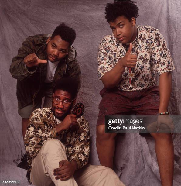 Portrait of American hip hop group De La Soul posed backstage at the University of Illinois' Chicago Pavilion, Chicago, Illinois, May 25, 1989....